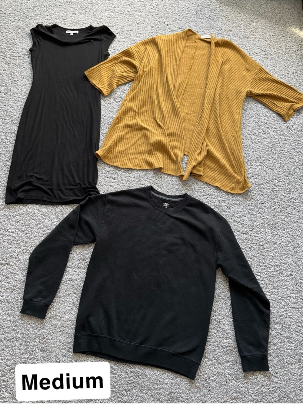 Black Dress + Mustard Ribbed Cardigan + Black Sweatshirt Set